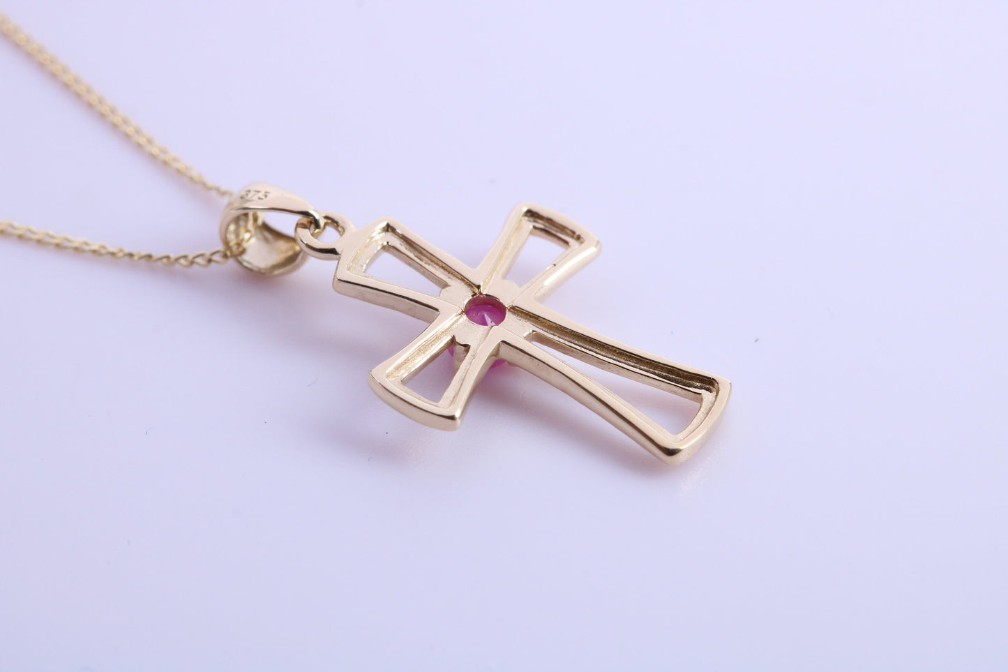 Natural Ruby set 25 mm Long Cross Together with 18 Inch Long Chain, Made from Solid Yellow Gold with High Polished Finish