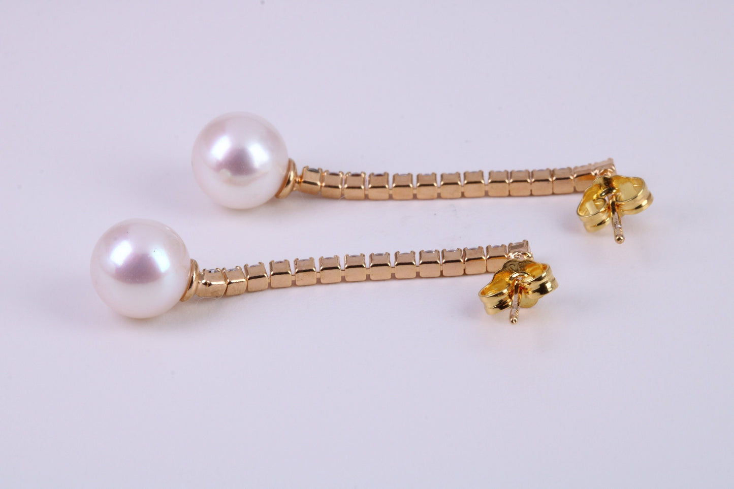 8 mm Round Natural Freshwater Pearl and C Z set Dropper Earrings set in Solid Silver with 18ct Yellow Gold Plating