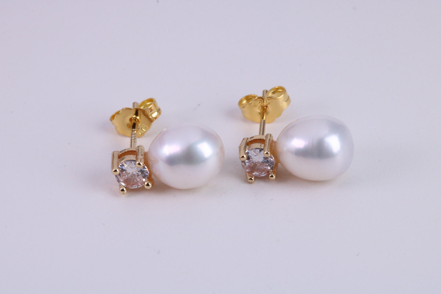 Oval Natural Freshwater Pearl and C Z set Stud Dropper Earrings set in Solid Silver and 18ct Yellow Gold Plated