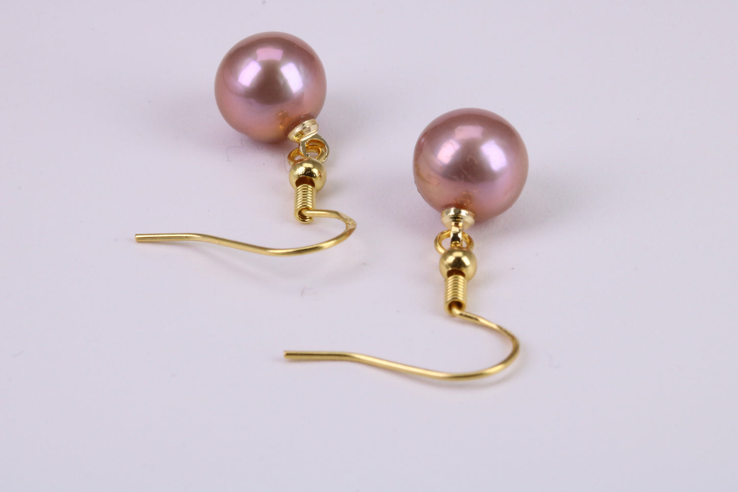10 mm Round Natural Pink Purple Pearl Dropper Earrings set in Solid Silver and 18ct Yellow Gold Plated