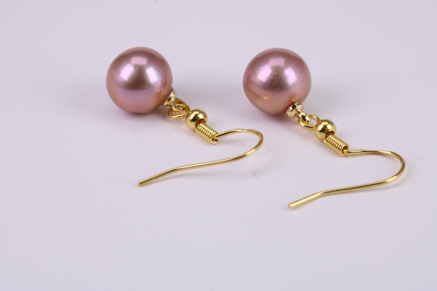 10 mm Round Natural Pink Purple Pearl Dropper Earrings set in Solid Silver and 18ct Yellow Gold Plated