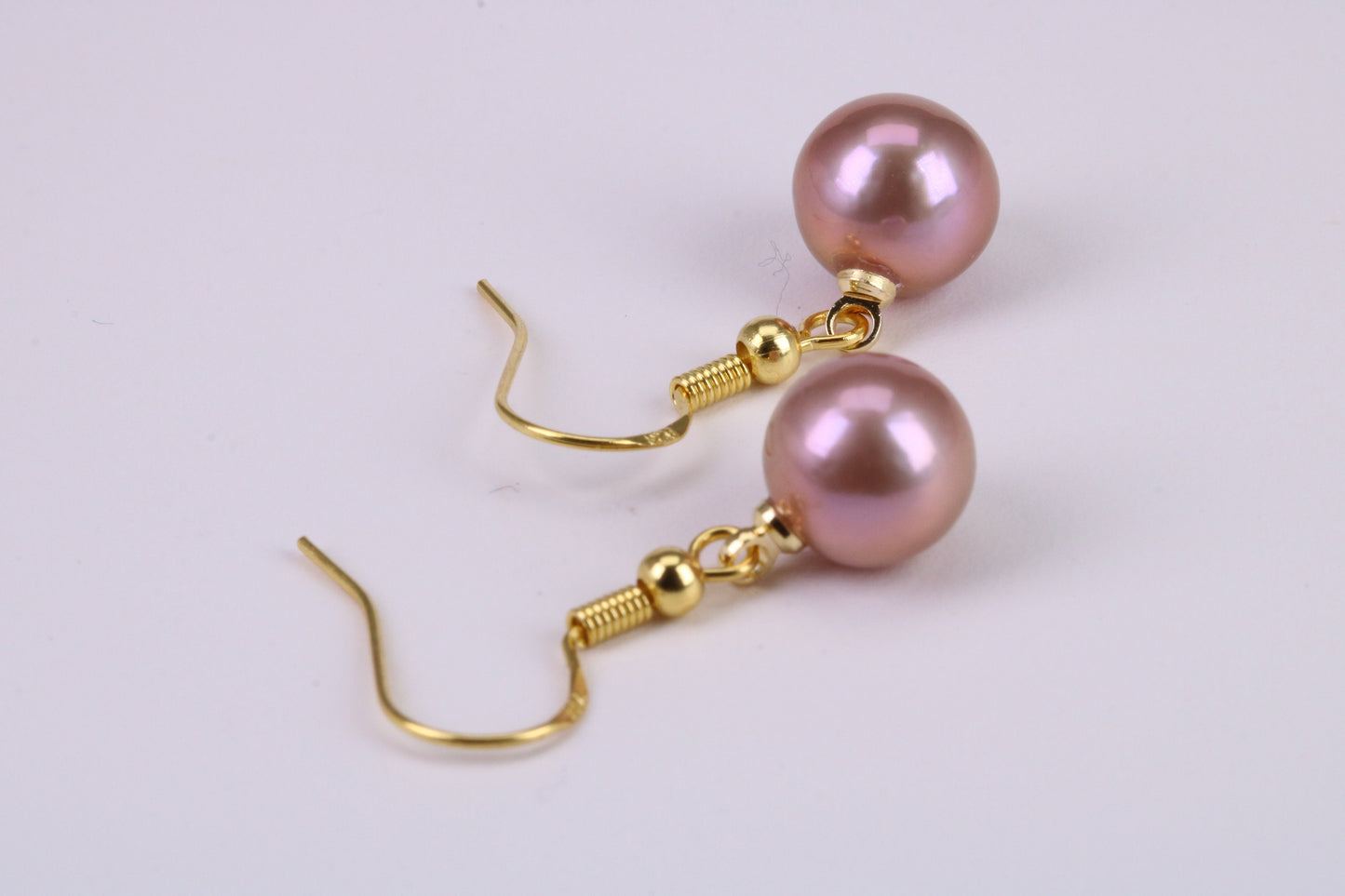 10 mm Round Natural Pink Purple Pearl Dropper Earrings set in Solid Silver and 18ct Yellow Gold Plated
