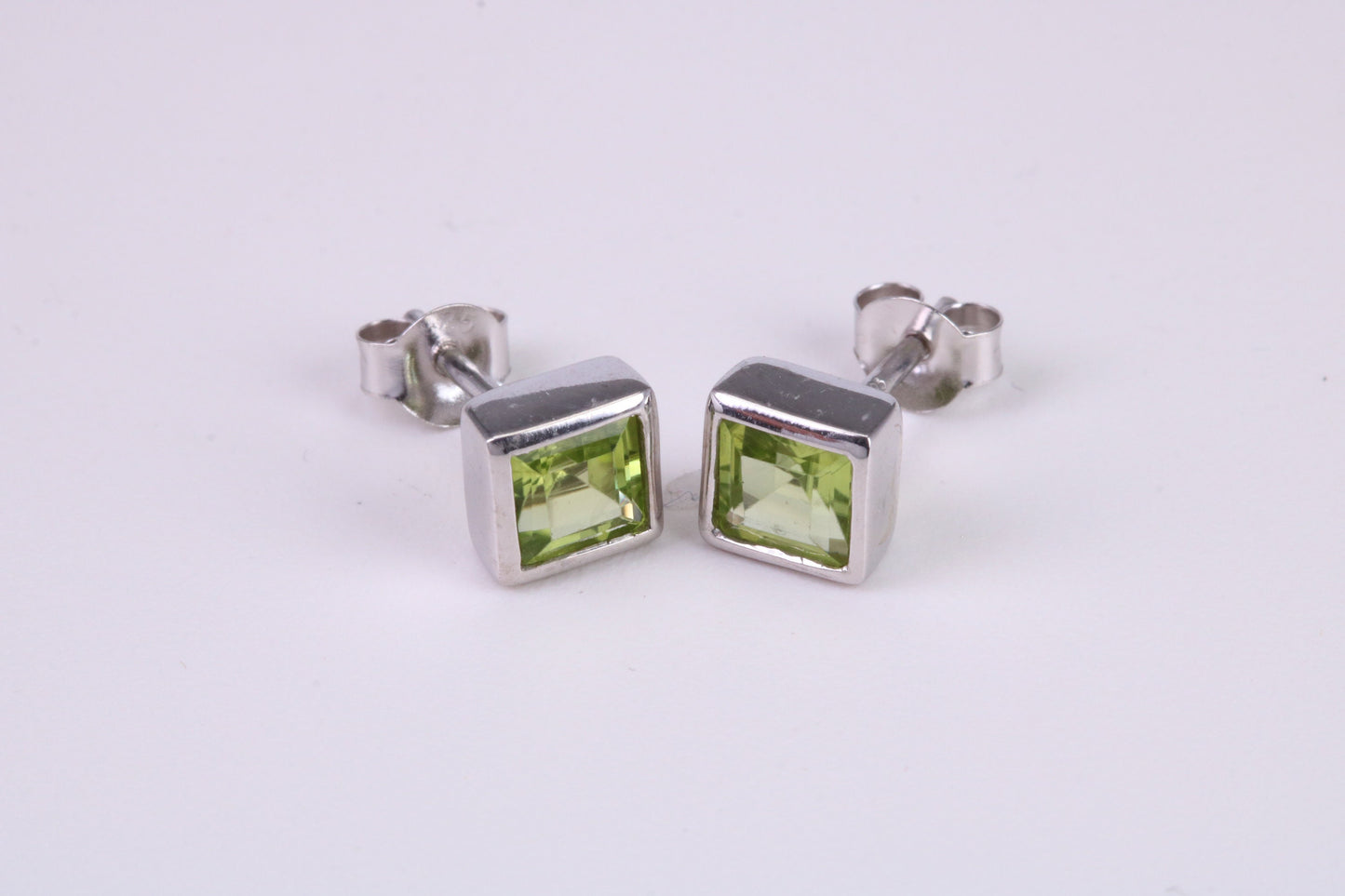 Real 6 mm Square cut Peridot set Stud Earrings, Very Dressy, Made from Solid 925 Grade Sterling Silver