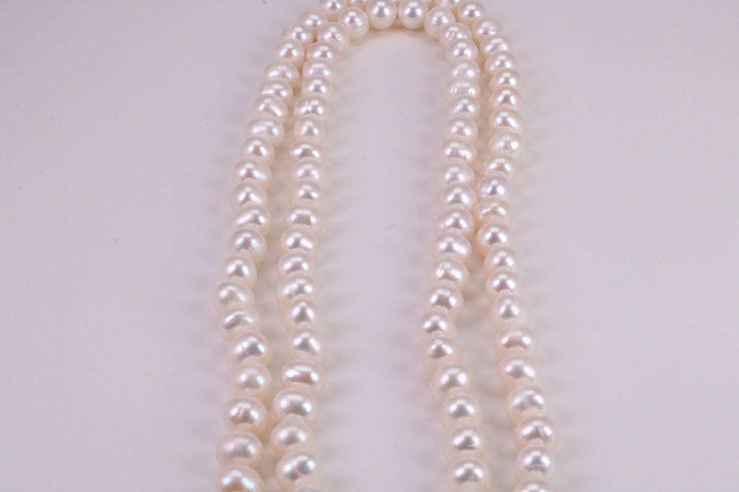 Two Strand Natural 8 mm Round Pearl Necklace set in Silver, Two Strands Measures 18 and 20 inches Long