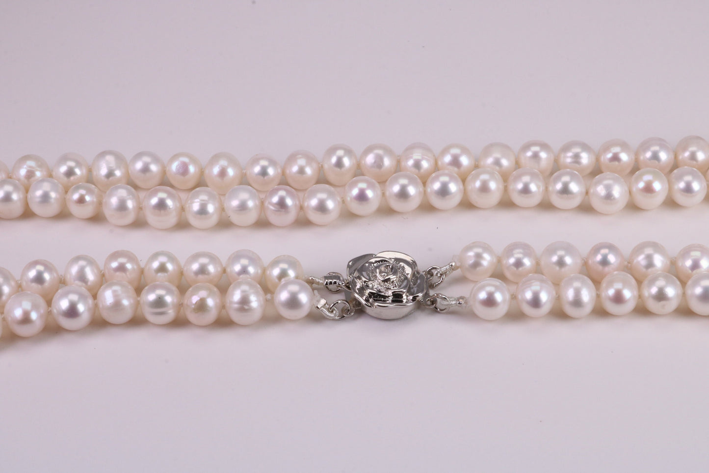 Two Strand Natural 8 mm Round Pearl Necklace set in Silver, Two Strands Measures 18 and 20 inches Long