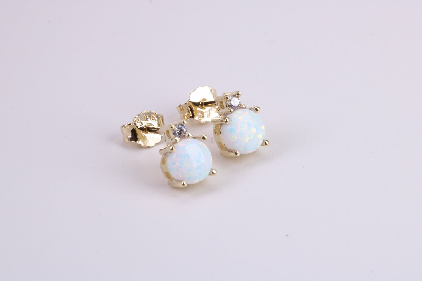 Natural Round cut Opal set and C Z set Stud Earrings Made from Solid Yellow Gold