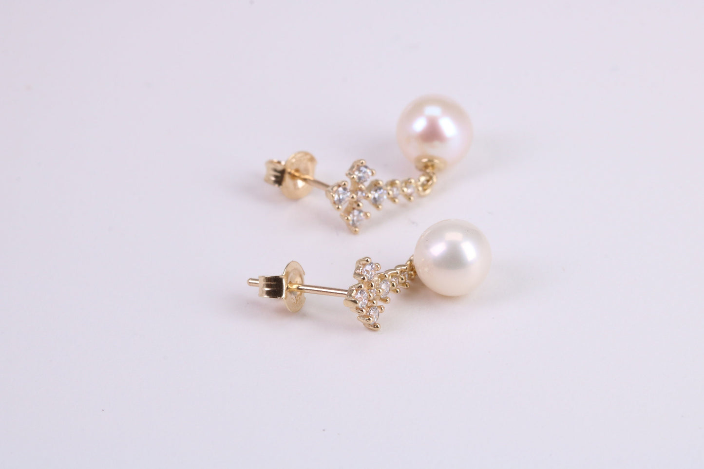 Natural Pearl Stud Dropper Earrings set in Solid Yellow Gold