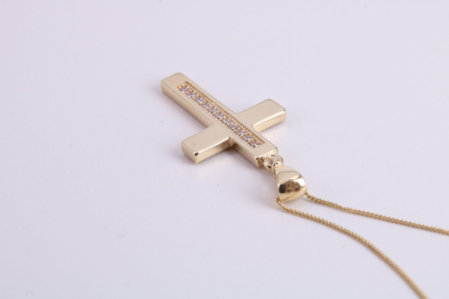 20 mm Long C Z set Cross Together with 18 Inch Long Chain, Made from Solid Yellow Gold with High Polished Finish