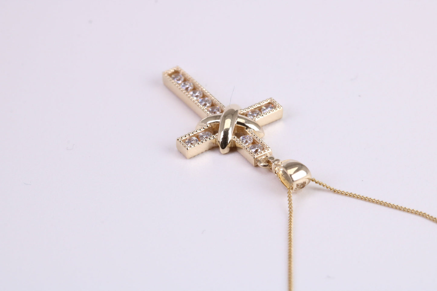 21 mm Long C Z set Cross Together with 18 Inch Long Chain, Made from Solid Yellow Gold with High Polished Finish