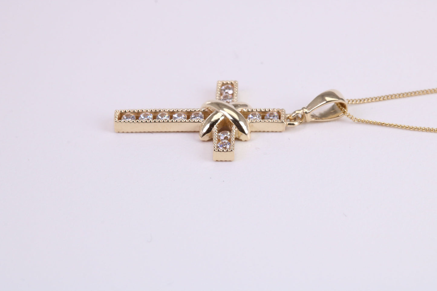 21 mm Long C Z set Cross Together with 18 Inch Long Chain, Made from Solid Yellow Gold with High Polished Finish