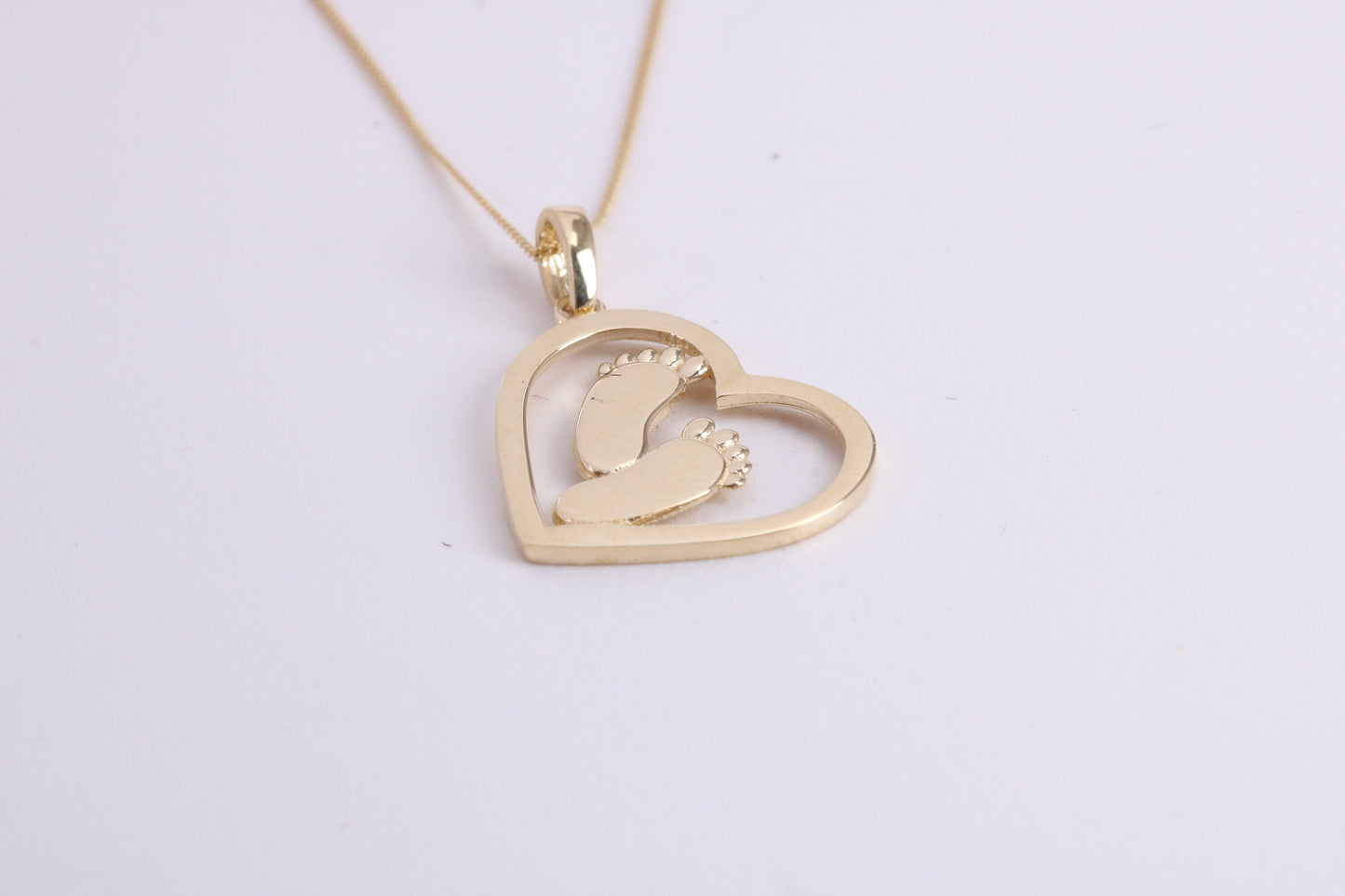 Love Heart with Footsteps Necklace Together with 18 Inch Long Chain, Made from Solid Yellow Gold with High Polished Finish