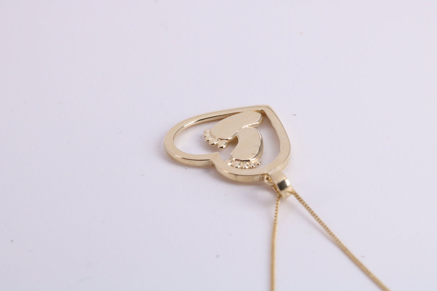 Love Heart with Footsteps Necklace Together with 18 Inch Long Chain, Made from Solid Yellow Gold with High Polished Finish