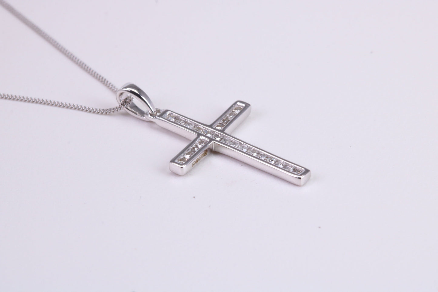 Natural Diamonds set Cross Necklace Together with 18 Inch Long Chain, Made from Solid White Gold with High Polished Finish