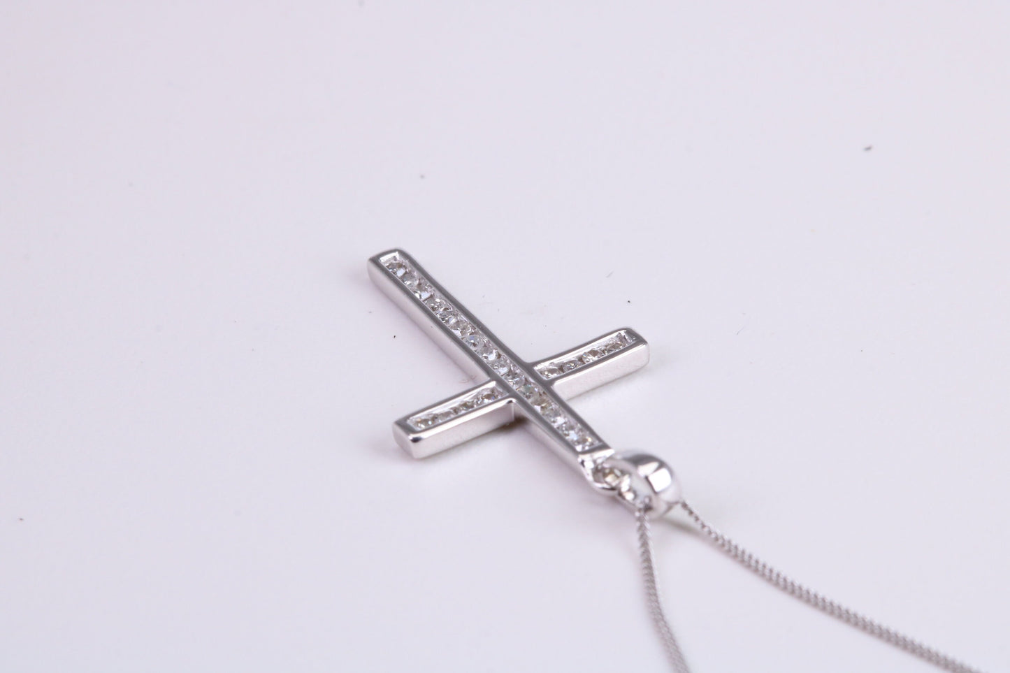 Natural Diamonds set Cross Necklace Together with 18 Inch Long Chain, Made from Solid White Gold with High Polished Finish