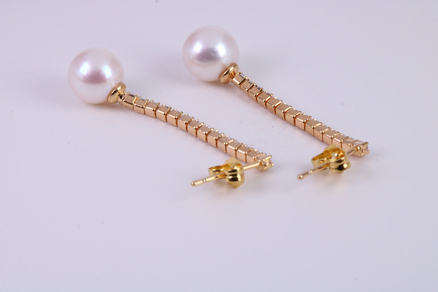 8 mm Round Natural Freshwater Pearl and C Z set Dropper Earrings set in Solid Silver with 18ct Yellow Gold Plating