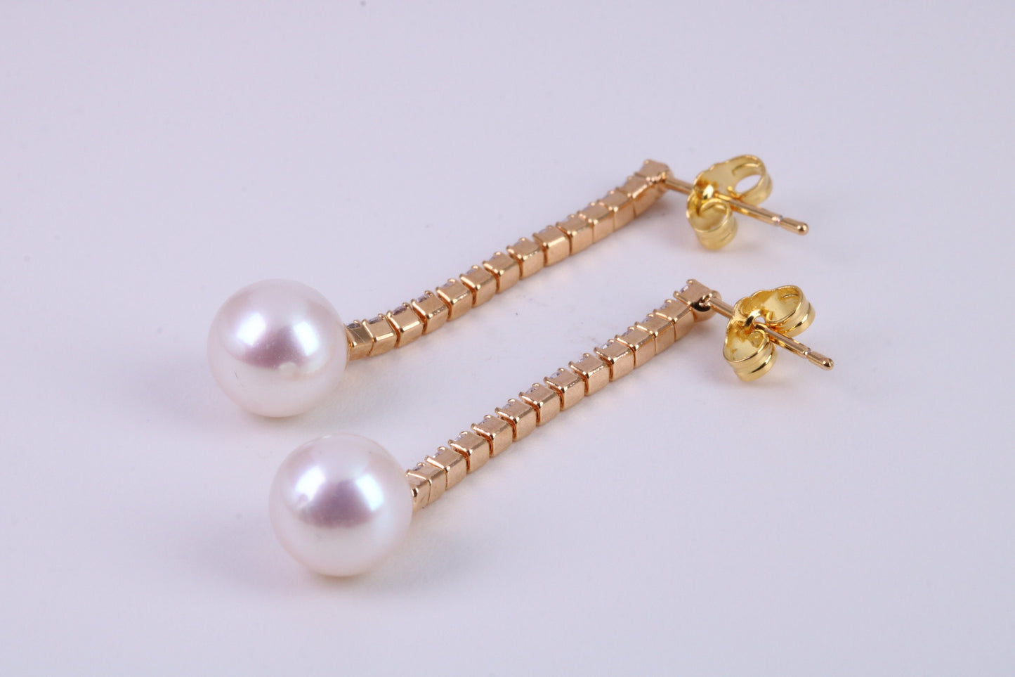 8 mm Round Natural Freshwater Pearl and C Z set Dropper Earrings set in Solid Silver with 18ct Yellow Gold Plating