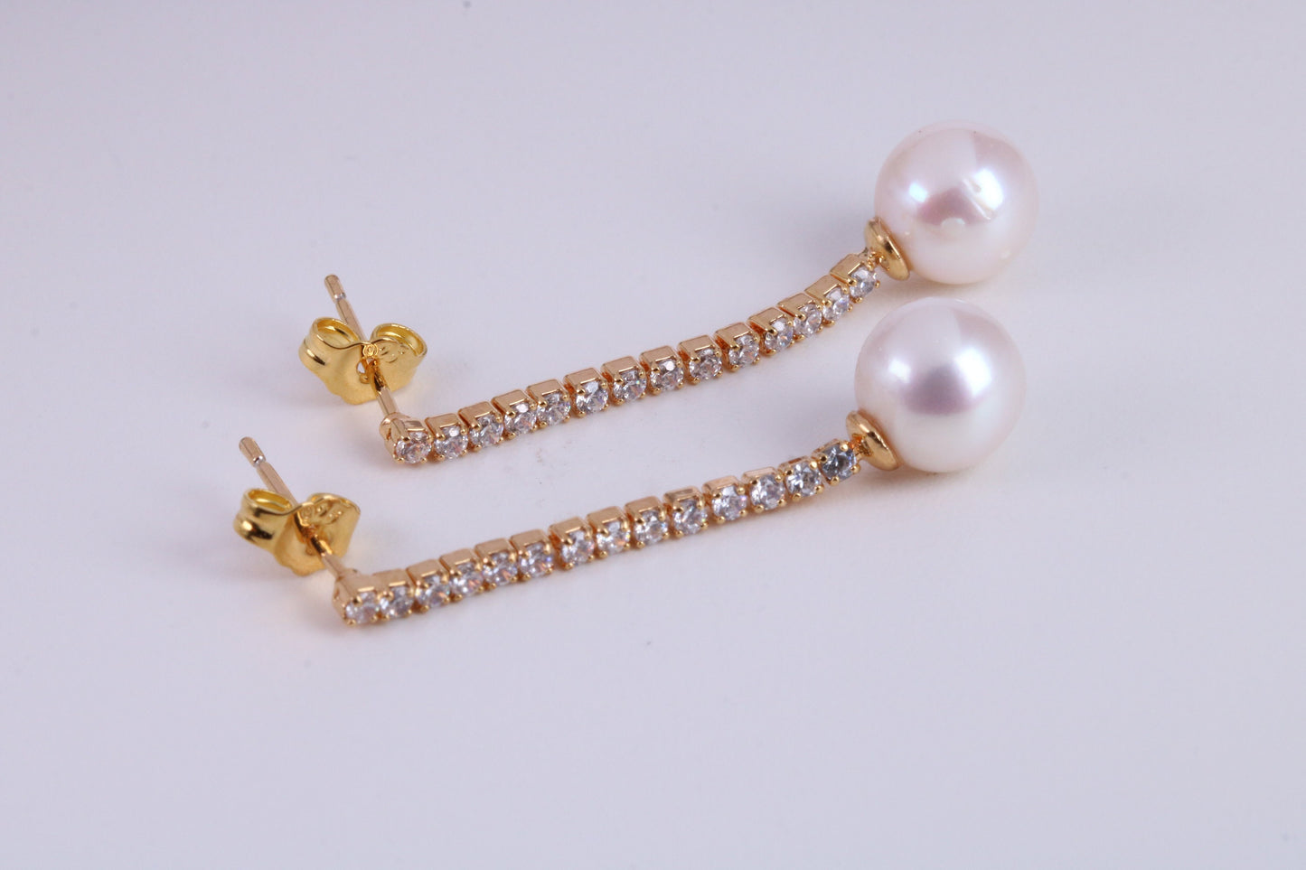 8 mm Round Natural Freshwater Pearl and C Z set Dropper Earrings set in Solid Silver with 18ct Yellow Gold Plating