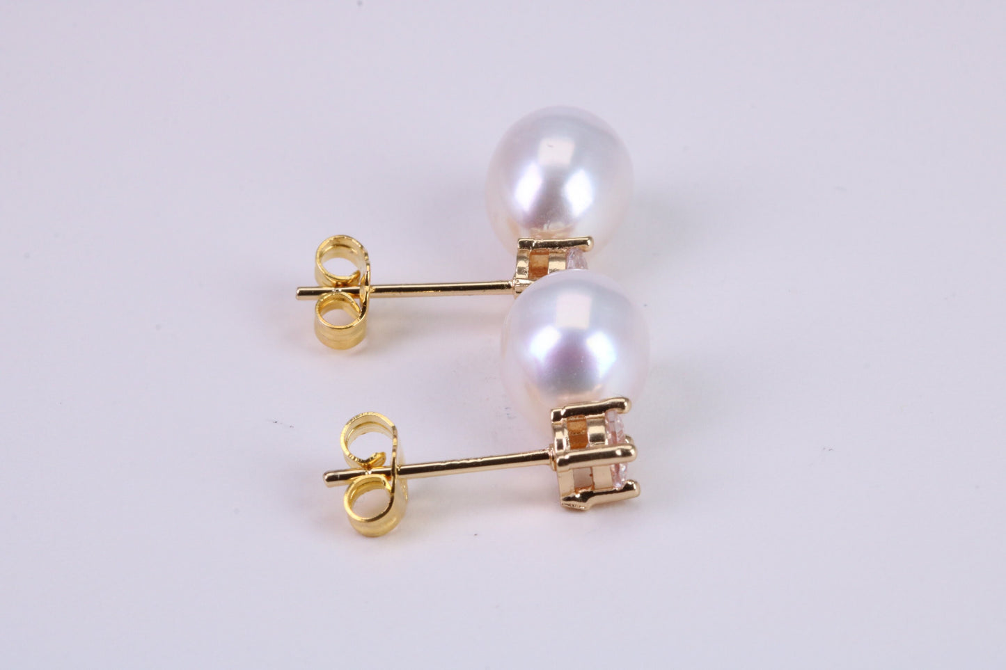 Oval Natural Freshwater Pearl and C Z set Stud Dropper Earrings set in Solid Silver and 18ct Yellow Gold Plated