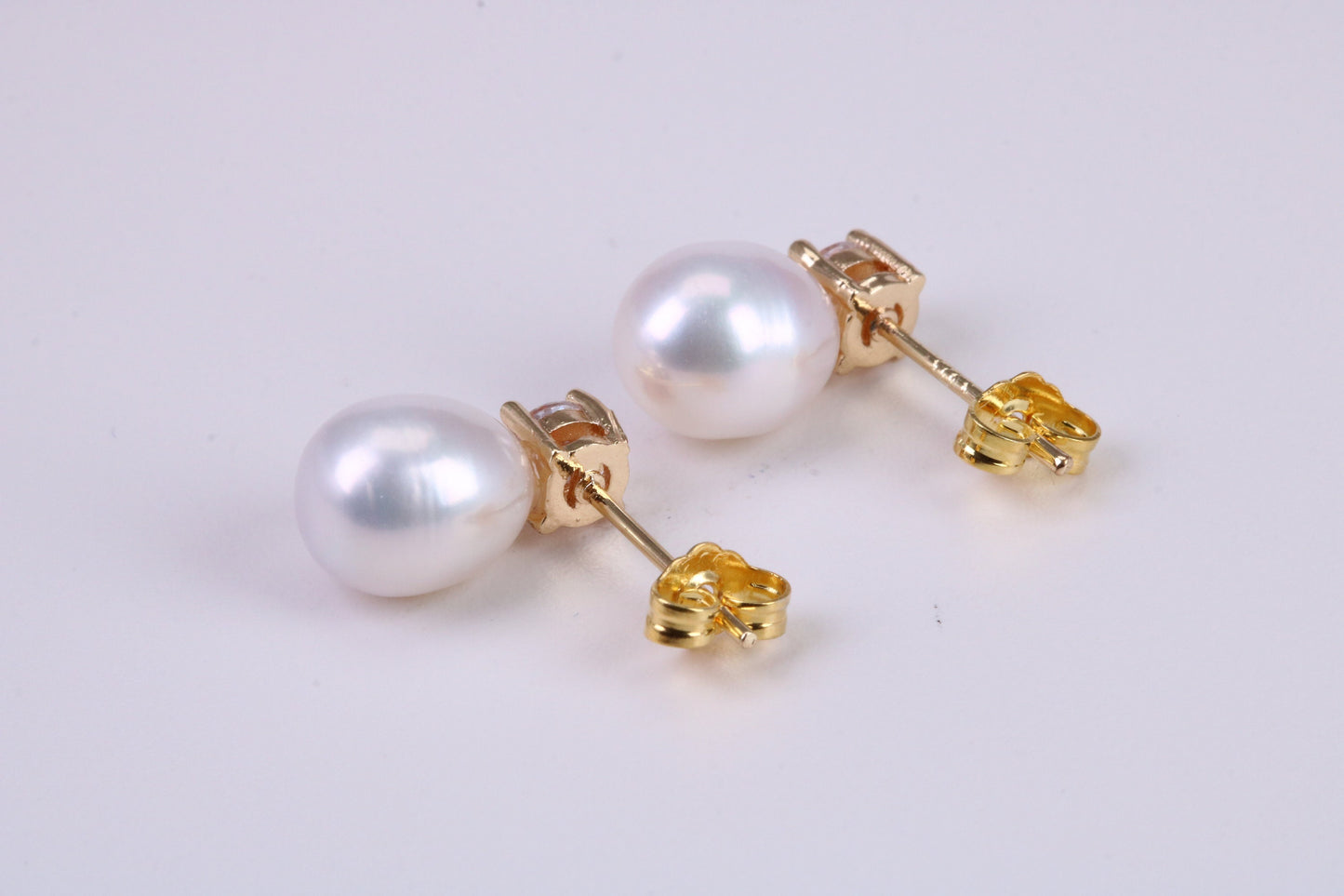 Oval Natural Freshwater Pearl and C Z set Stud Dropper Earrings set in Solid Silver and 18ct Yellow Gold Plated