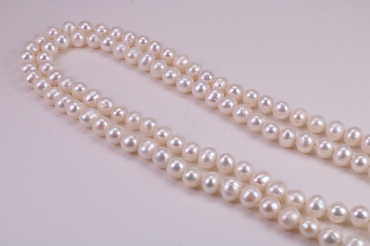 Two Strand Natural 8 mm Round Pearl Necklace set in Silver, Two Strands Measures 18 and 20 inches Long