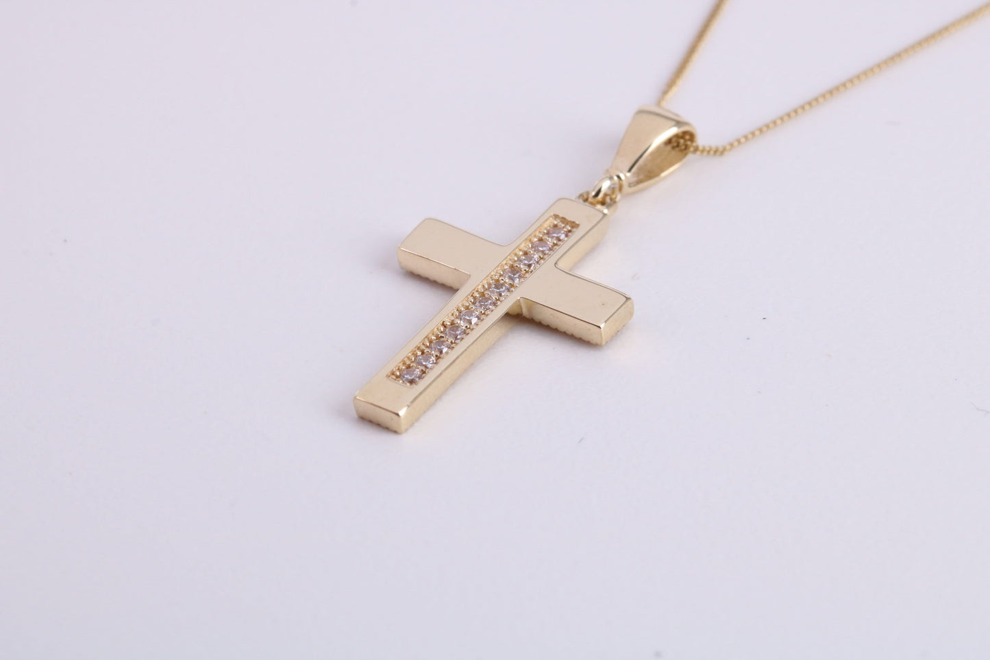20 mm Long C Z set Cross Together with 18 Inch Long Chain, Made from Solid Yellow Gold with High Polished Finish
