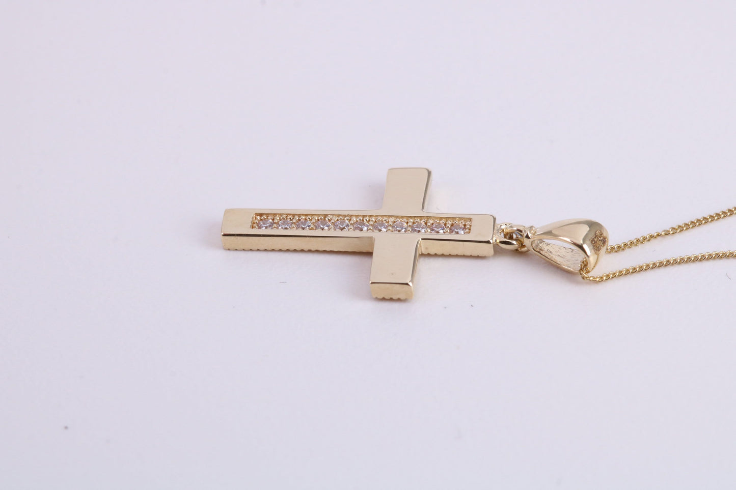 20 mm Long C Z set Cross Together with 18 Inch Long Chain, Made from Solid Yellow Gold with High Polished Finish