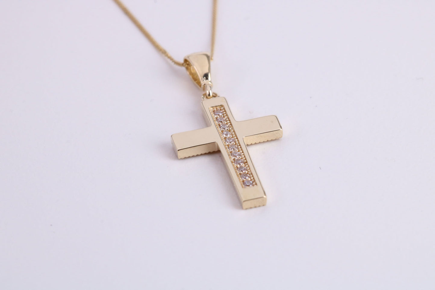 20 mm Long C Z set Cross Together with 18 Inch Long Chain, Made from Solid Yellow Gold with High Polished Finish