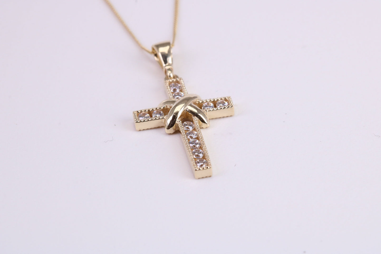 21 mm Long C Z set Cross Together with 18 Inch Long Chain, Made from Solid Yellow Gold with High Polished Finish
