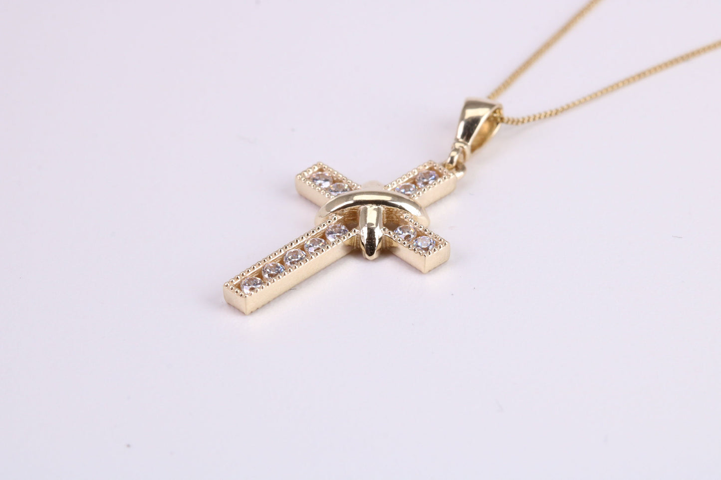 21 mm Long C Z set Cross Together with 18 Inch Long Chain, Made from Solid Yellow Gold with High Polished Finish