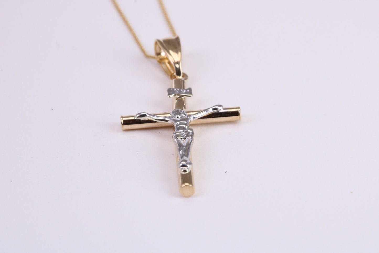 Two Tone Crucifix Necklace Together with 18 Inch Long Chain, Made from Solid Yellow Gold with High Polished Finish