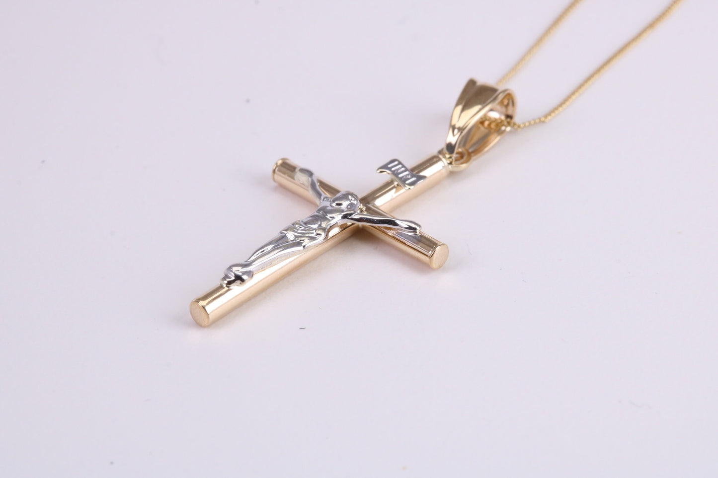 Two Tone Crucifix Necklace Together with 18 Inch Long Chain, Made from Solid Yellow Gold with High Polished Finish
