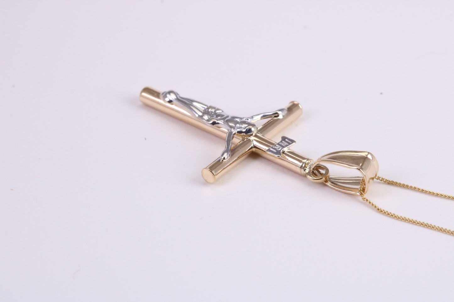 Two Tone Crucifix Necklace Together with 18 Inch Long Chain, Made from Solid Yellow Gold with High Polished Finish