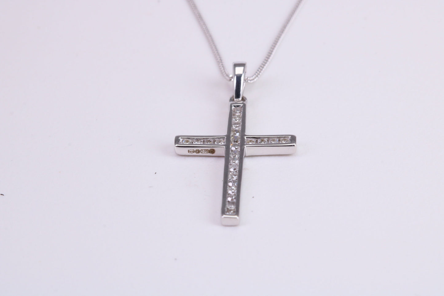 Natural Diamonds set Cross Necklace Together with 18 Inch Long Chain, Made from Solid White Gold with High Polished Finish