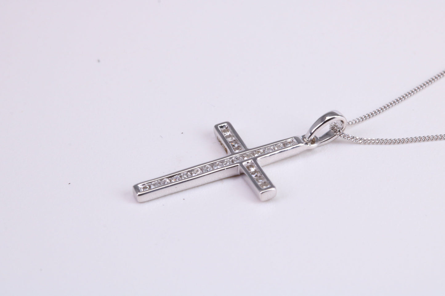 Natural Diamonds set Cross Necklace Together with 18 Inch Long Chain, Made from Solid White Gold with High Polished Finish