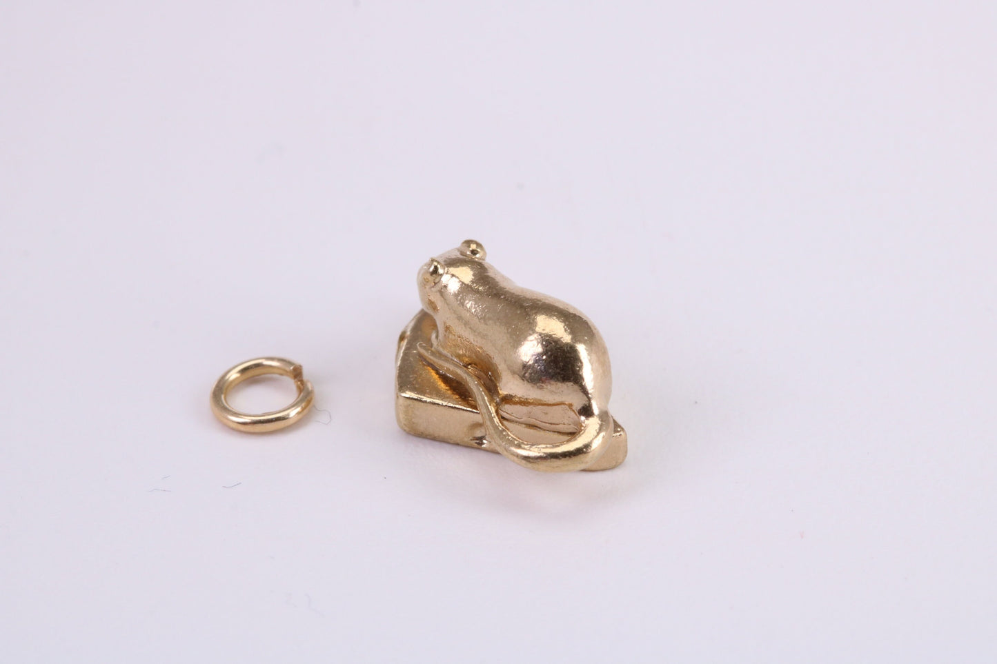 Mouse Eating Cheese Charm, Traditional Charm, Made from Solid Yellow Gold, British Hallmarked, Complete with Attachment Link