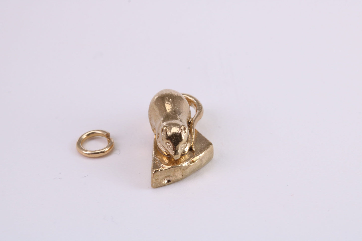 Mouse Eating Cheese Charm, Traditional Charm, Made from Solid Yellow Gold, British Hallmarked, Complete with Attachment Link