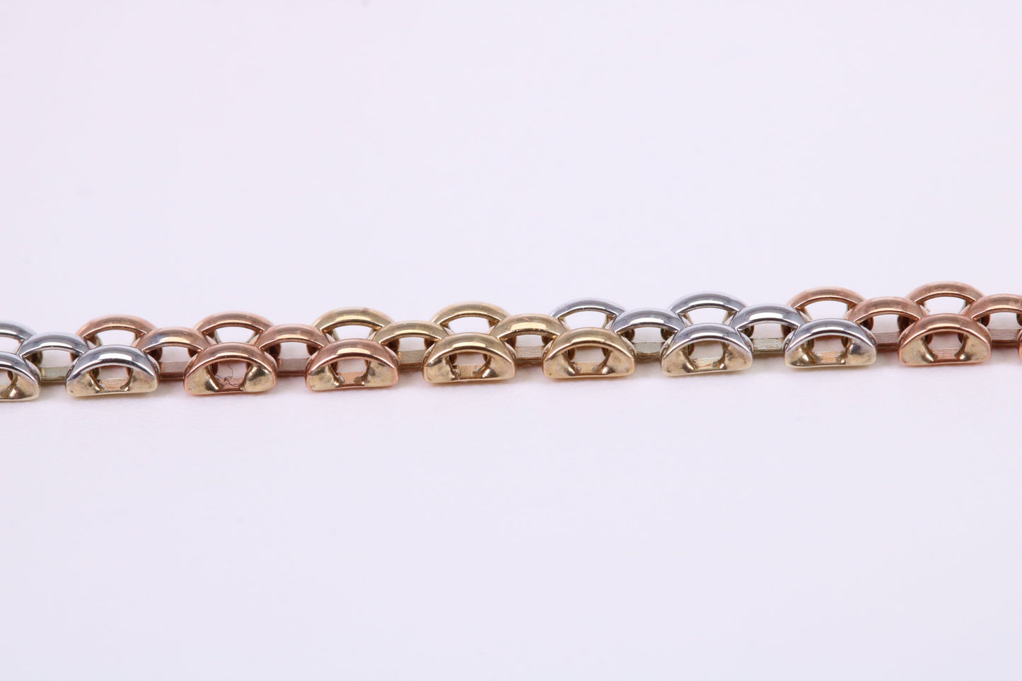 Three Tone Link Bracelet, Made From Solid Yellow, Rose and White Gold, British Hallmarked, Luxury Gift Boxed