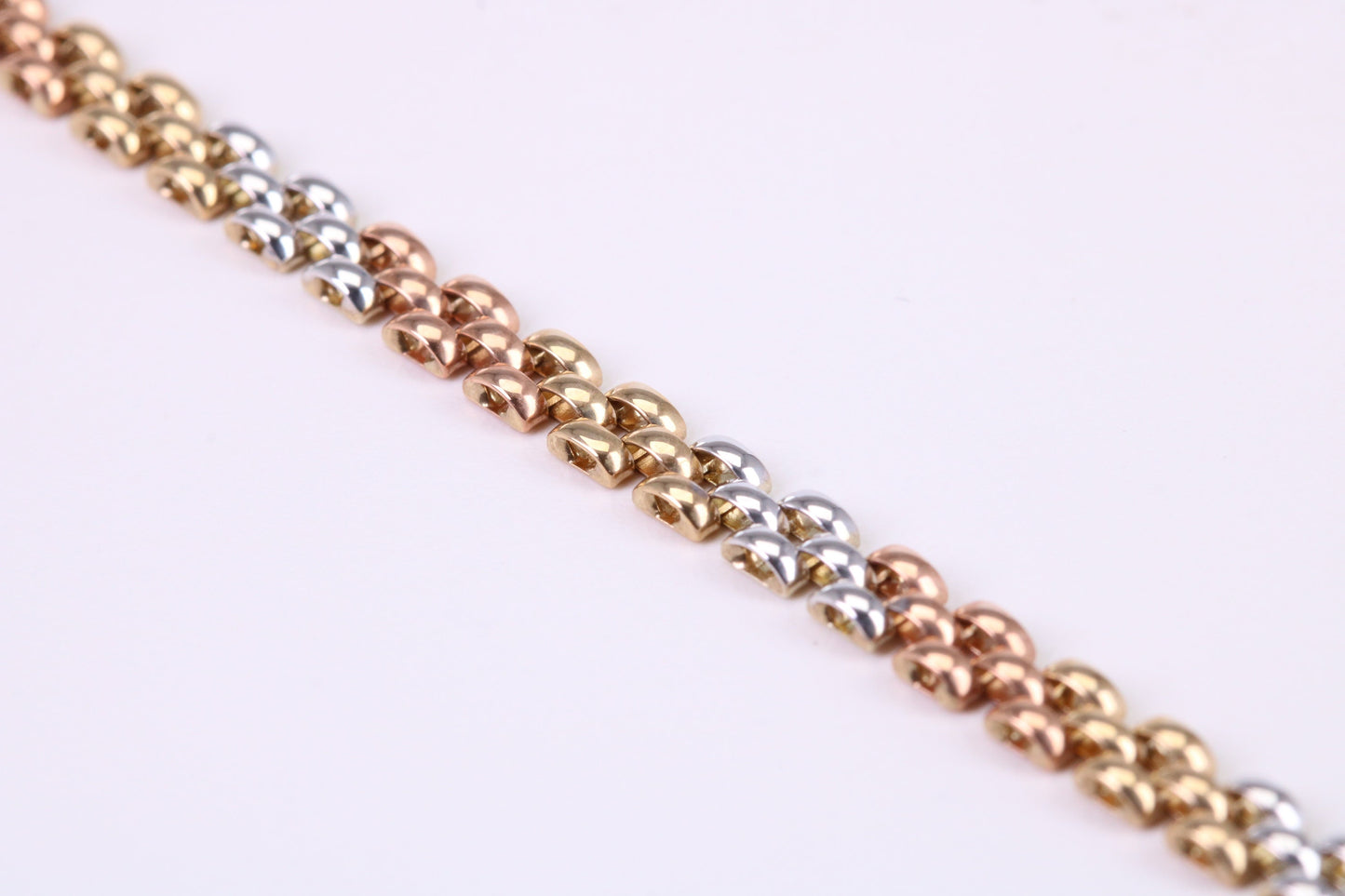 Three Tone Link Bracelet, Made From Solid Yellow, Rose and White Gold, British Hallmarked, Luxury Gift Boxed