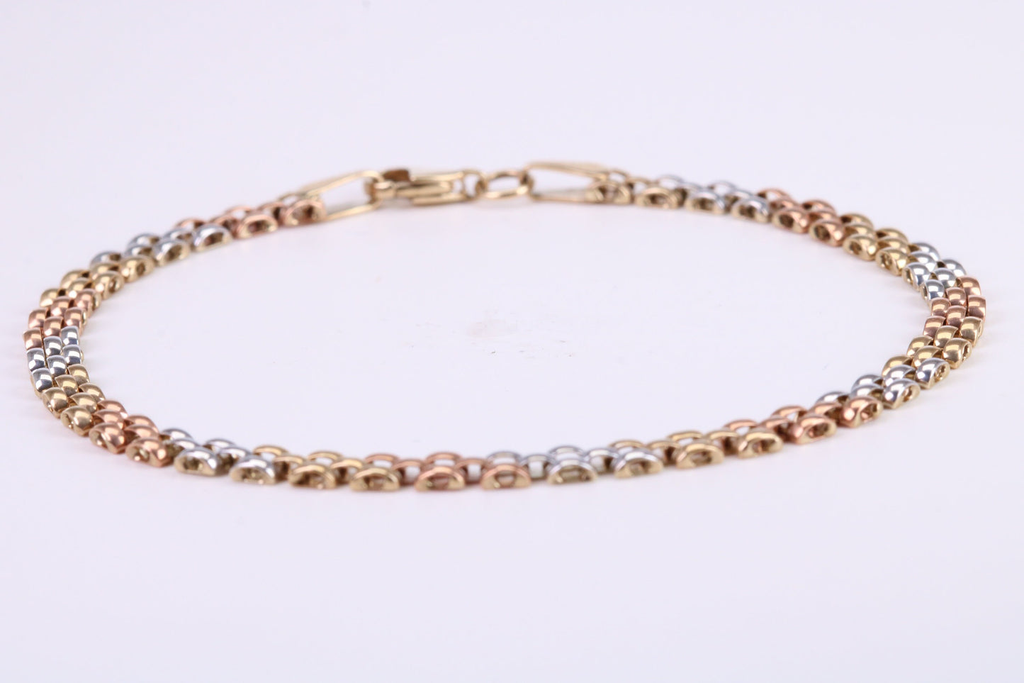Three Tone Link Bracelet, Made From Solid Yellow, Rose and White Gold, British Hallmarked, Luxury Gift Boxed