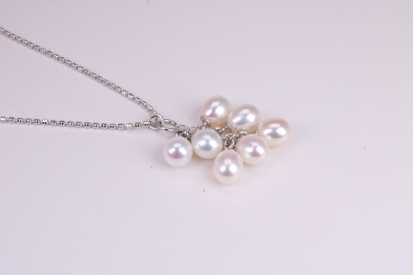 20 Inches Long Natural Pearl Necklace set in Solid Silver, 7 Natural Pearls Bunched Together