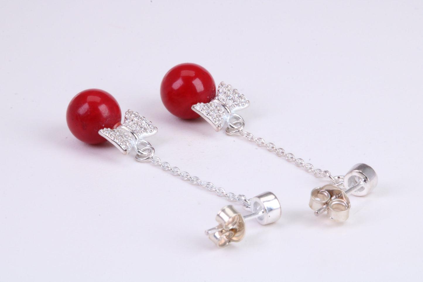 45 mm Long Natural Red Coral and Cubic Zirconia set Dropper Earrings, set in Solid Silver