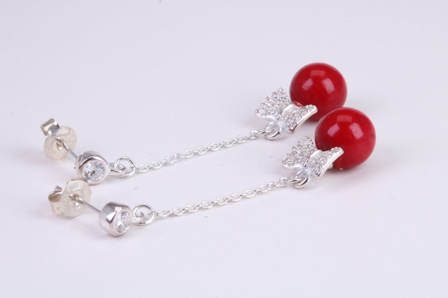 45 mm Long Natural Red Coral and Cubic Zirconia set Dropper Earrings, set in Solid Silver