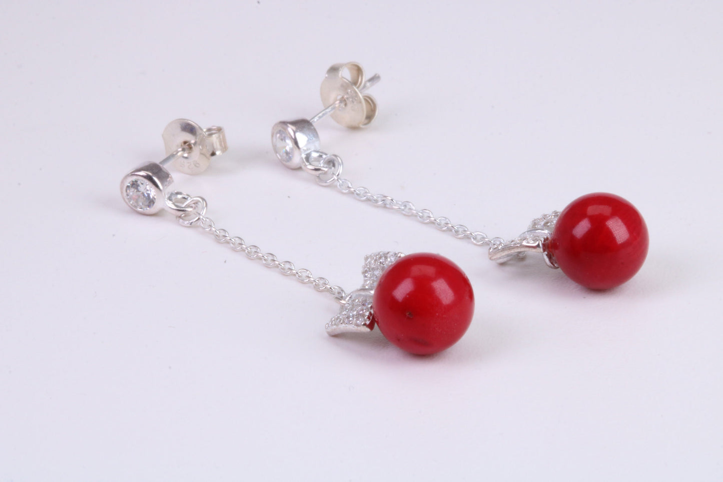 45 mm Long Natural Red Coral and Cubic Zirconia set Dropper Earrings, set in Solid Silver