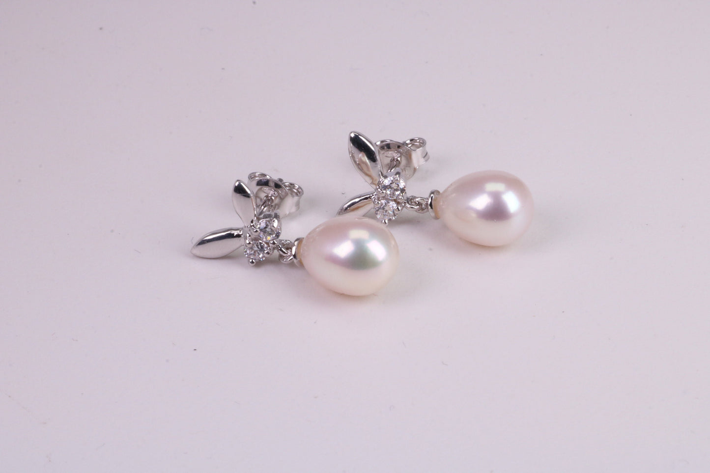 26 mm Long Natural Pearl and Cubic Zirconia set Dropper Earrings, set in Solid Silver