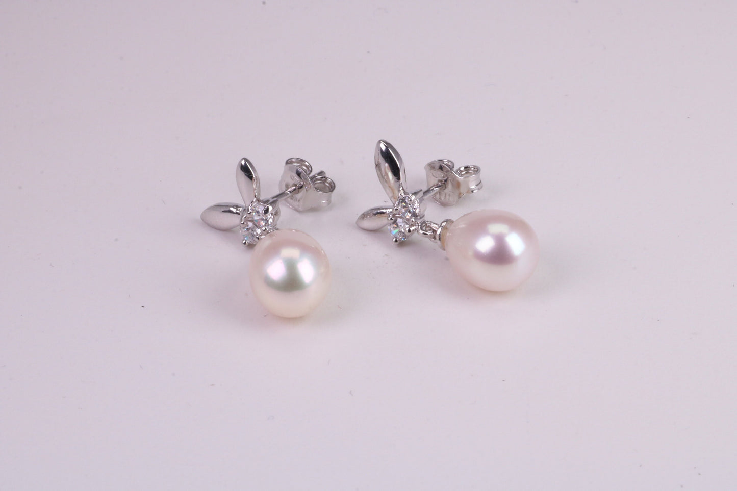 26 mm Long Natural Pearl and Cubic Zirconia set Dropper Earrings, set in Solid Silver