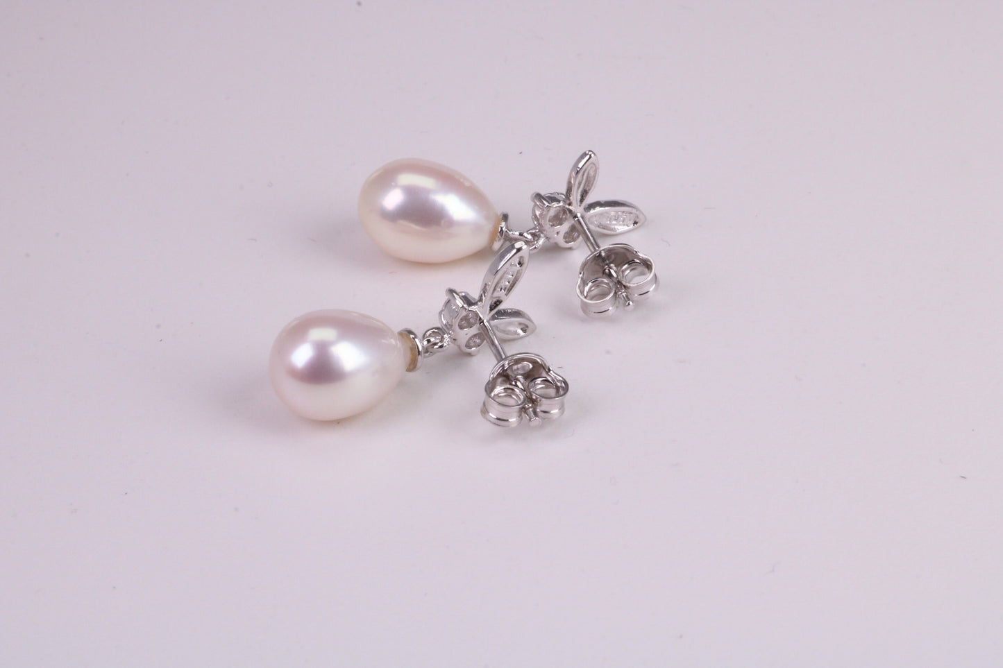 26 mm Long Natural Pearl and Cubic Zirconia set Dropper Earrings, set in Solid Silver