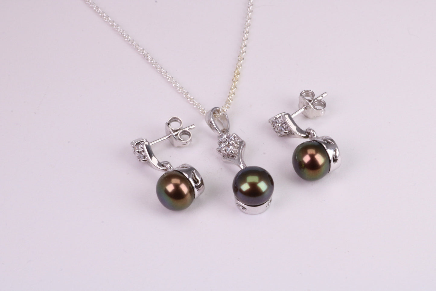 Natural Aubergine Coloured Pearl and Cubic Zirconia set Necklace and Matching Earrings, set in Solid Silver