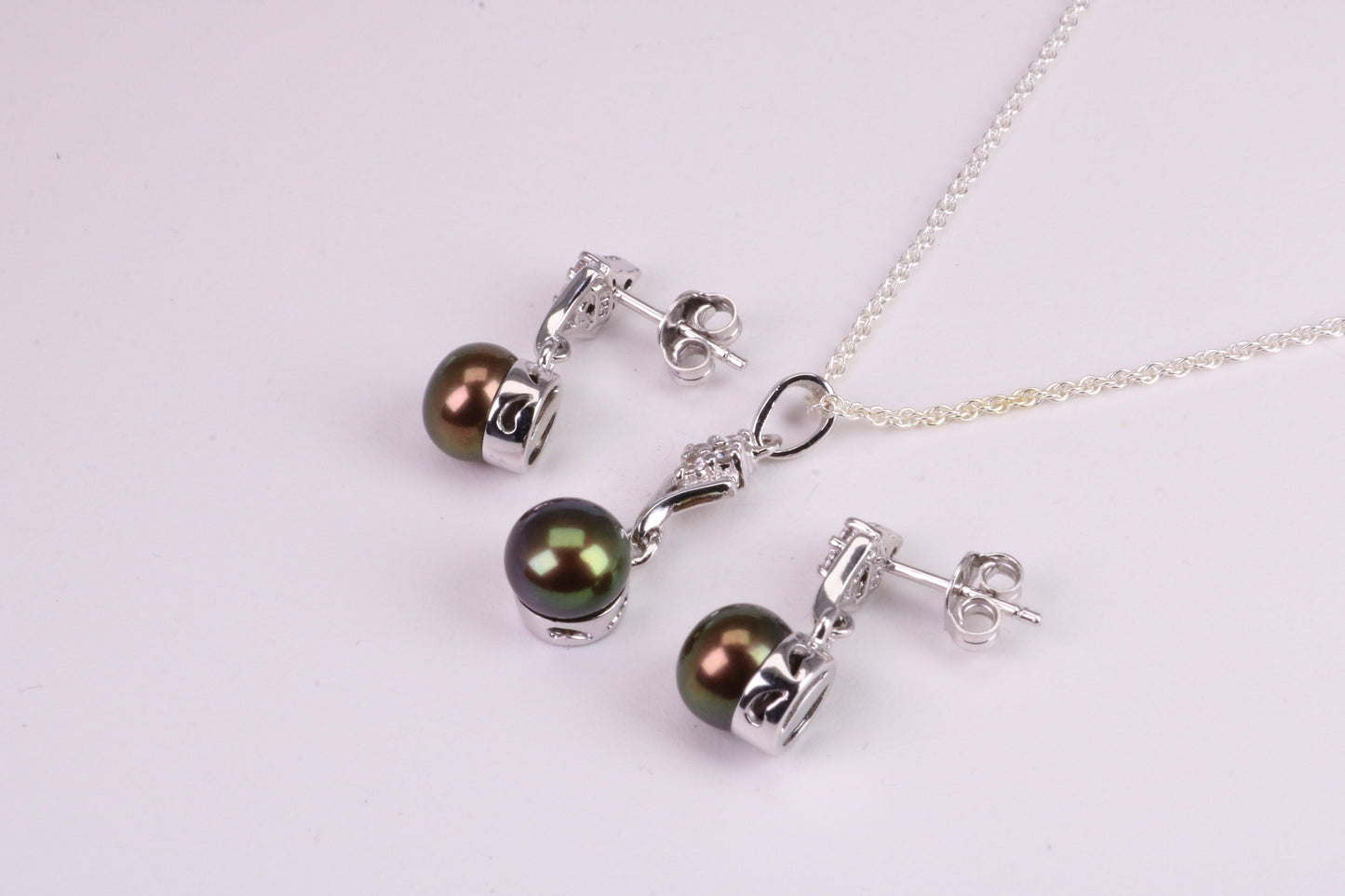 Natural Aubergine Coloured Pearl and Cubic Zirconia set Necklace and Matching Earrings, set in Solid Silver