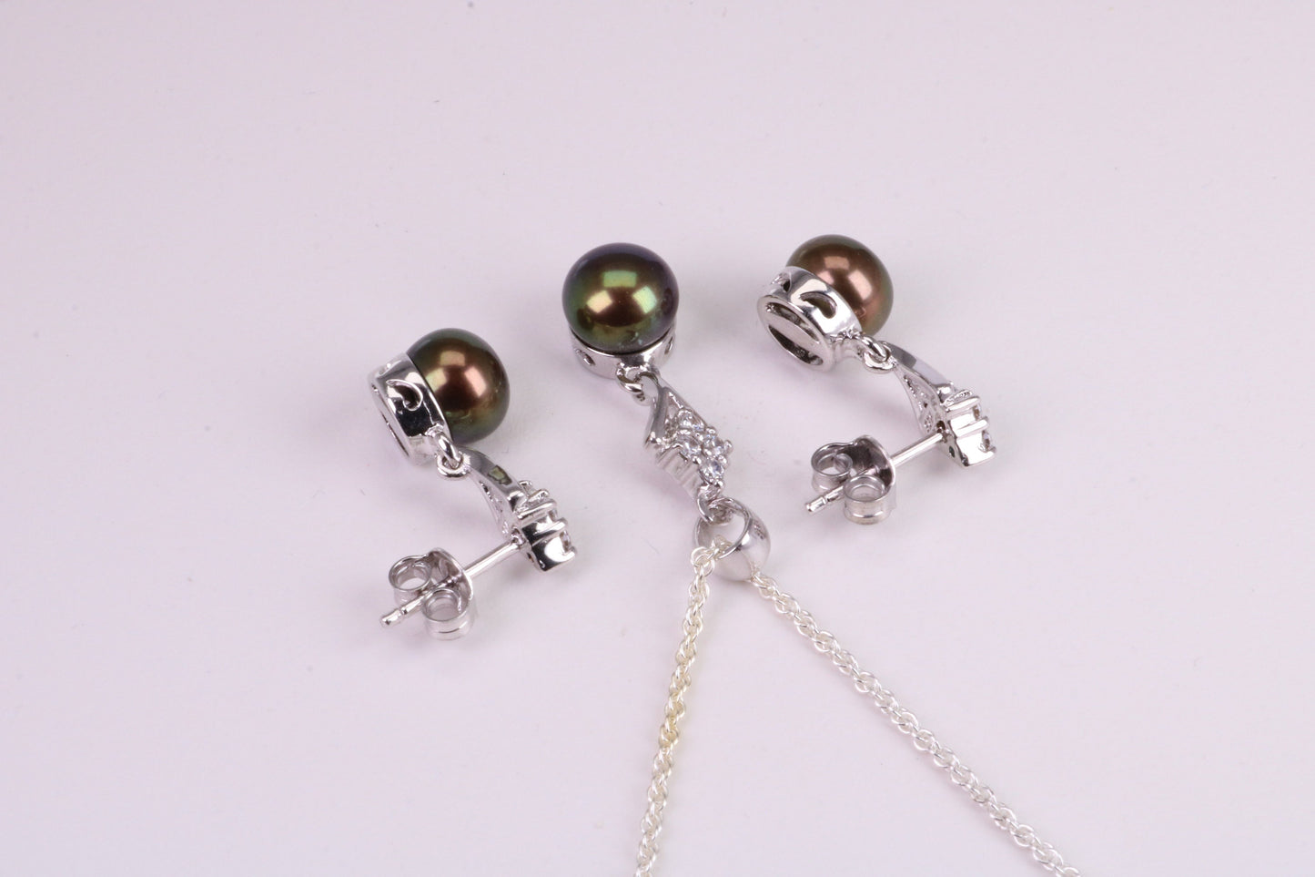Natural Aubergine Coloured Pearl and Cubic Zirconia set Necklace and Matching Earrings, set in Solid Silver