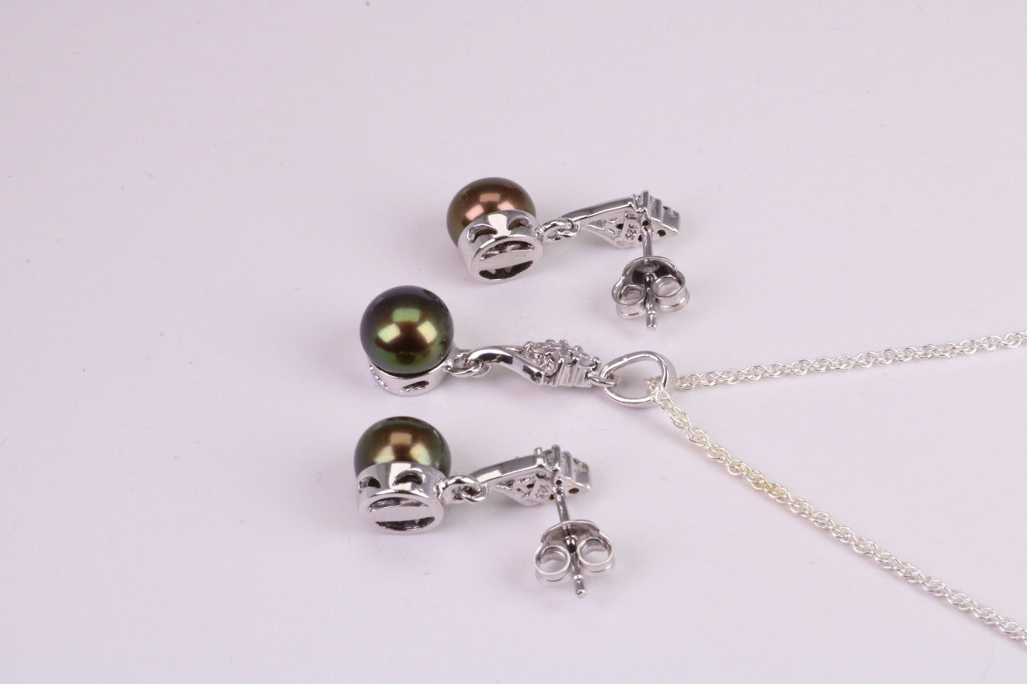 Natural Aubergine Coloured Pearl and Cubic Zirconia set Necklace and Matching Earrings, set in Solid Silver